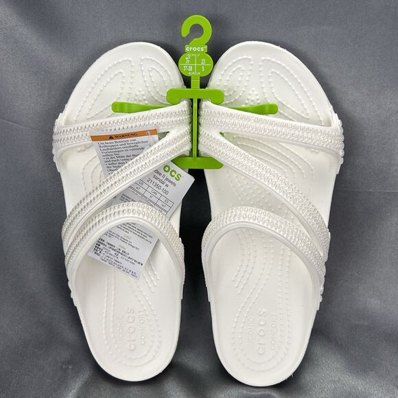 Crocs Kadee II Strappy Sandals Women's 7 White Jewels Summer Slides 211350-100 - Picture 2 of 16